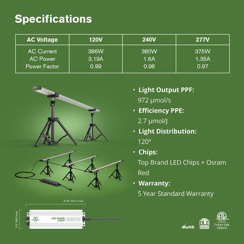 FloraFlex Full Spectrum Under Canopy Light Bars - 3 Bar - 360W - 120W/Bar