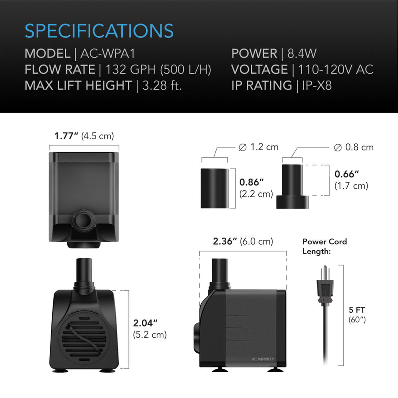 AC Infinity WATER PUMPS - 132 GPH - 8 Watt