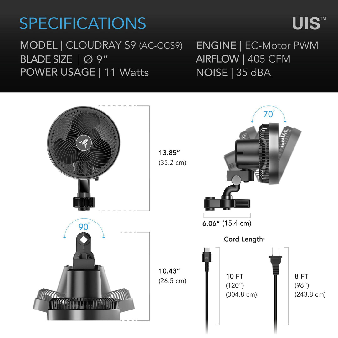 AC Infinity CLOUDRAY - Oscillating Clip Fans