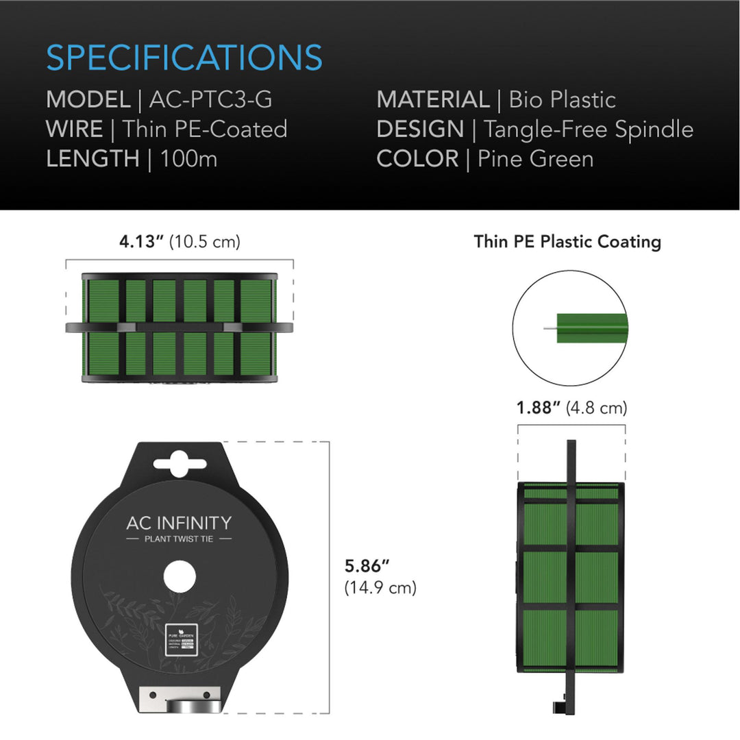 AC Infinity Green Twist Ties with Built-In Cutter, 100m