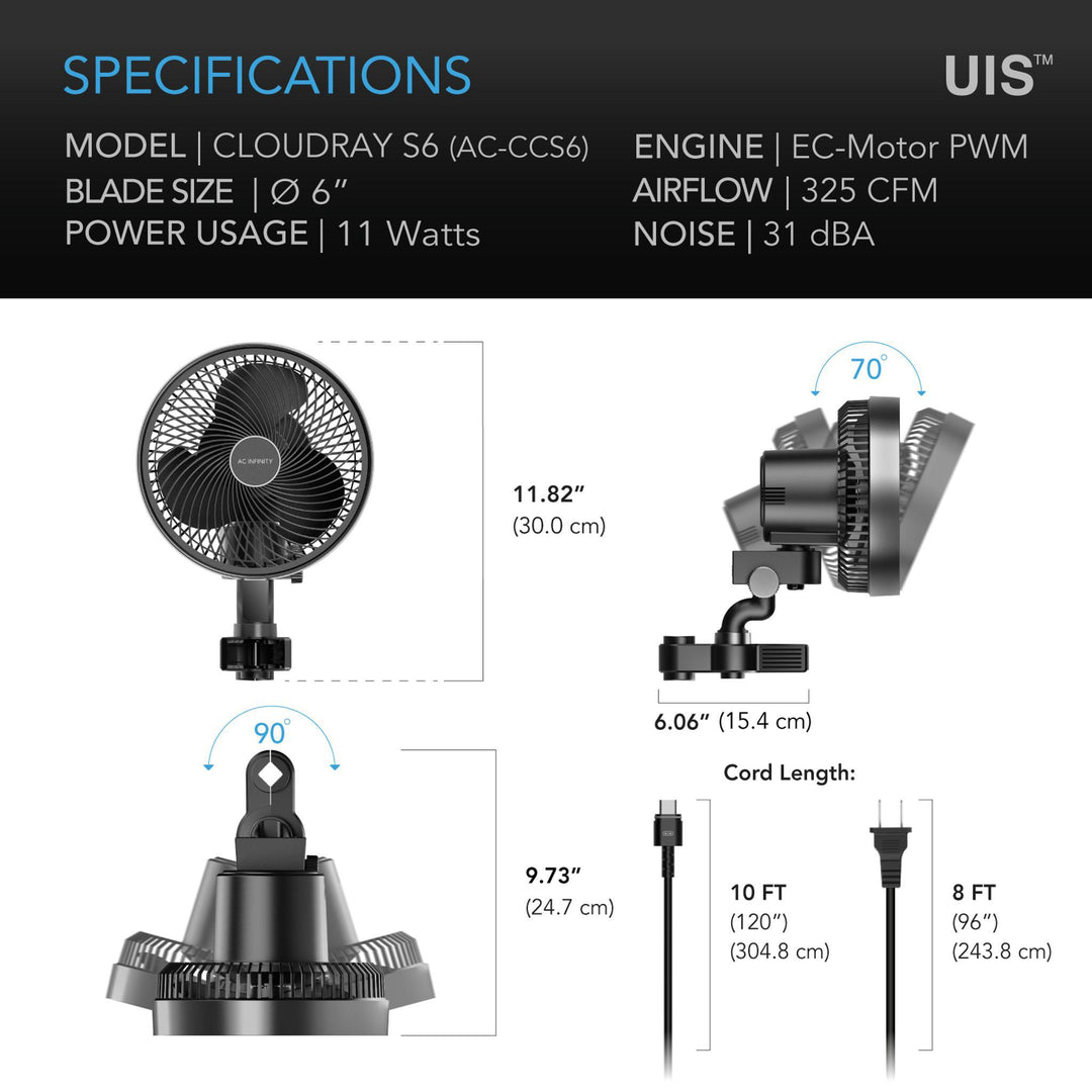 AC Infinity CLOUDRAY - Oscillating Clip Fans